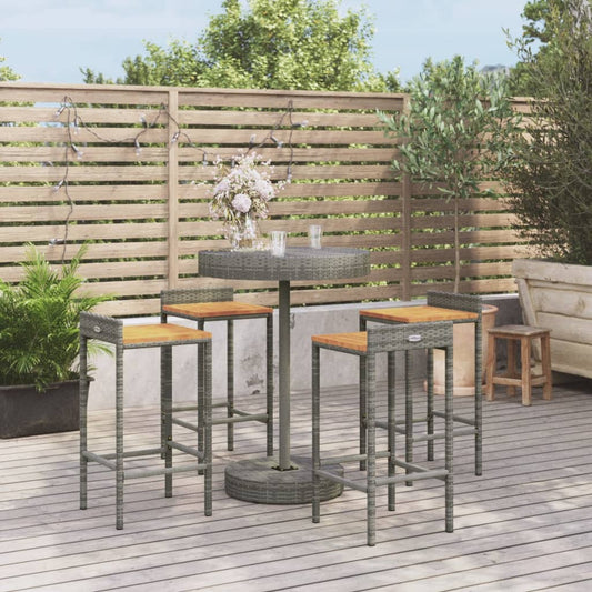 Set Bar Giardino 5pz Grigio Polyrattan e Legno Massello Acacia - homemem39