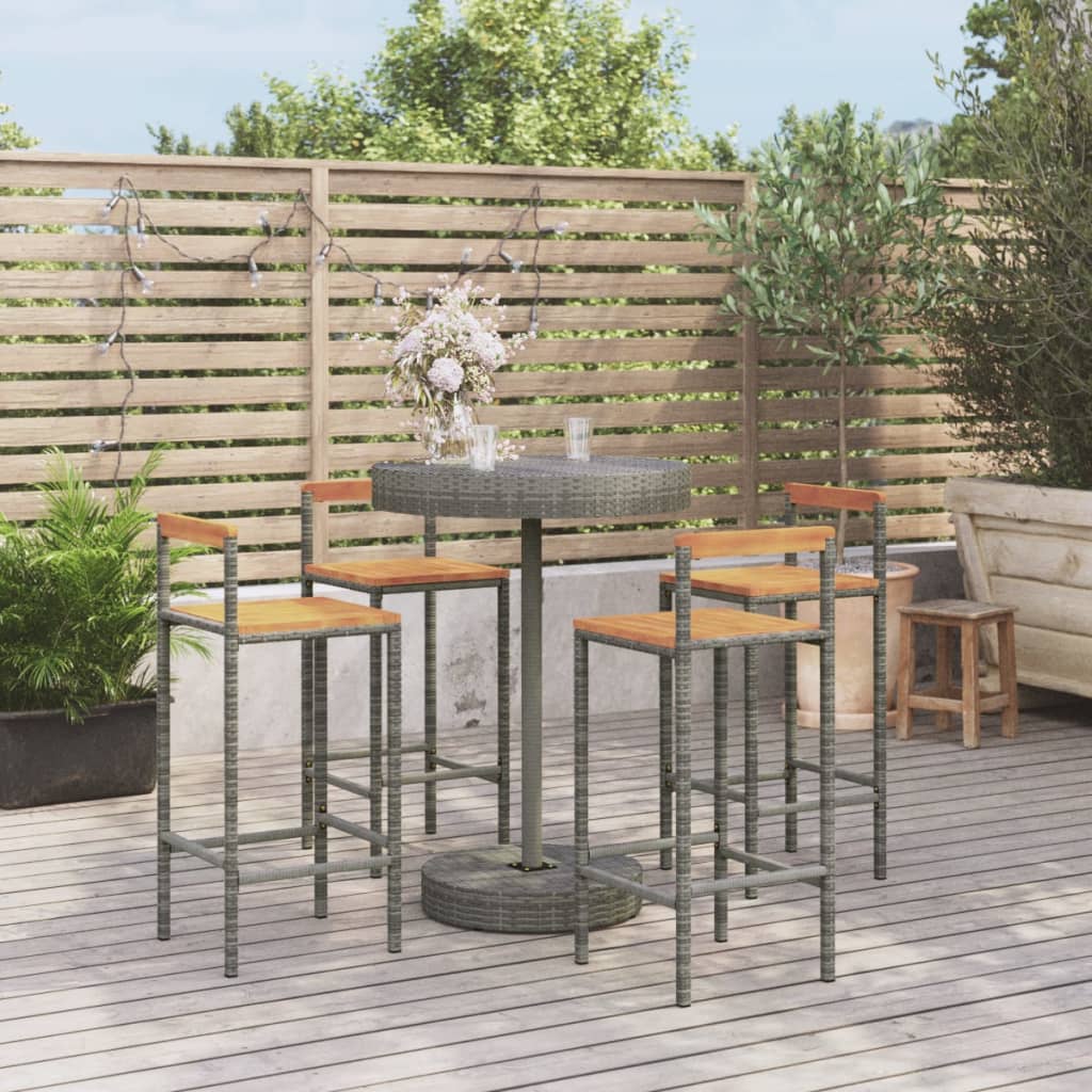 Set Bar Giardino 5pz Grigio Polyrattan e Legno Massello Acacia - homemem39