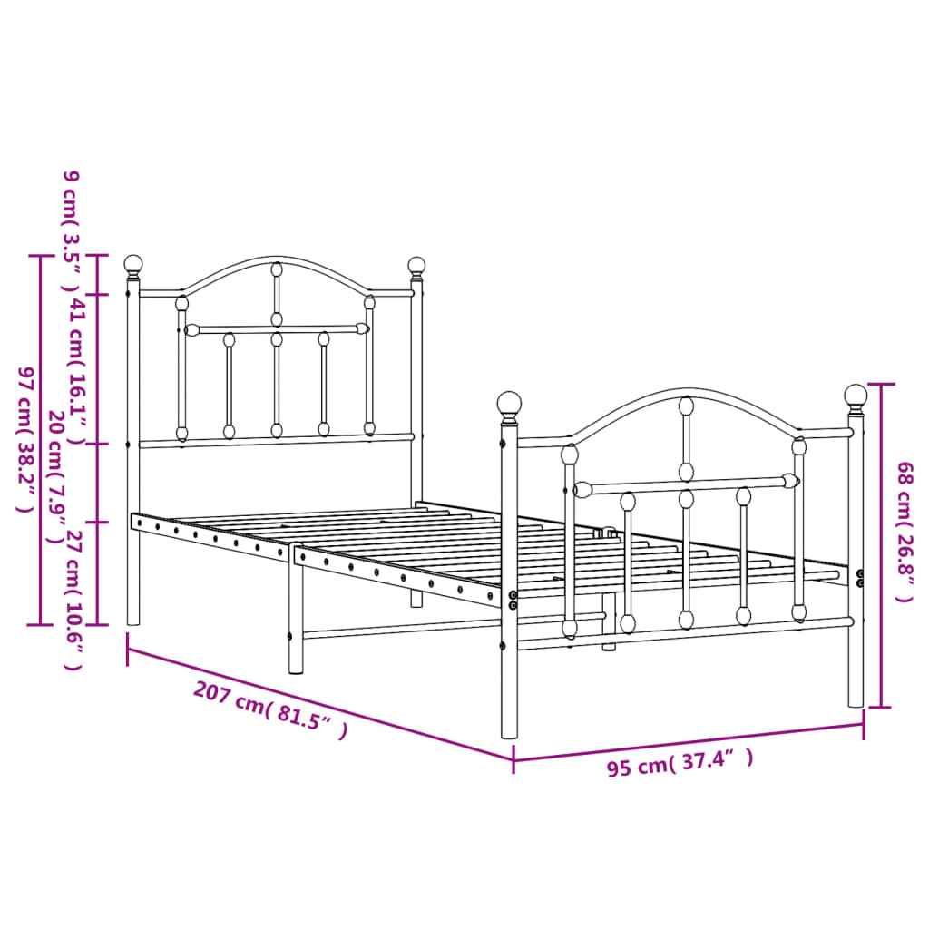 Giroletto con Testiera e Pediera Metallo Nero 90x200 cm - homemem39