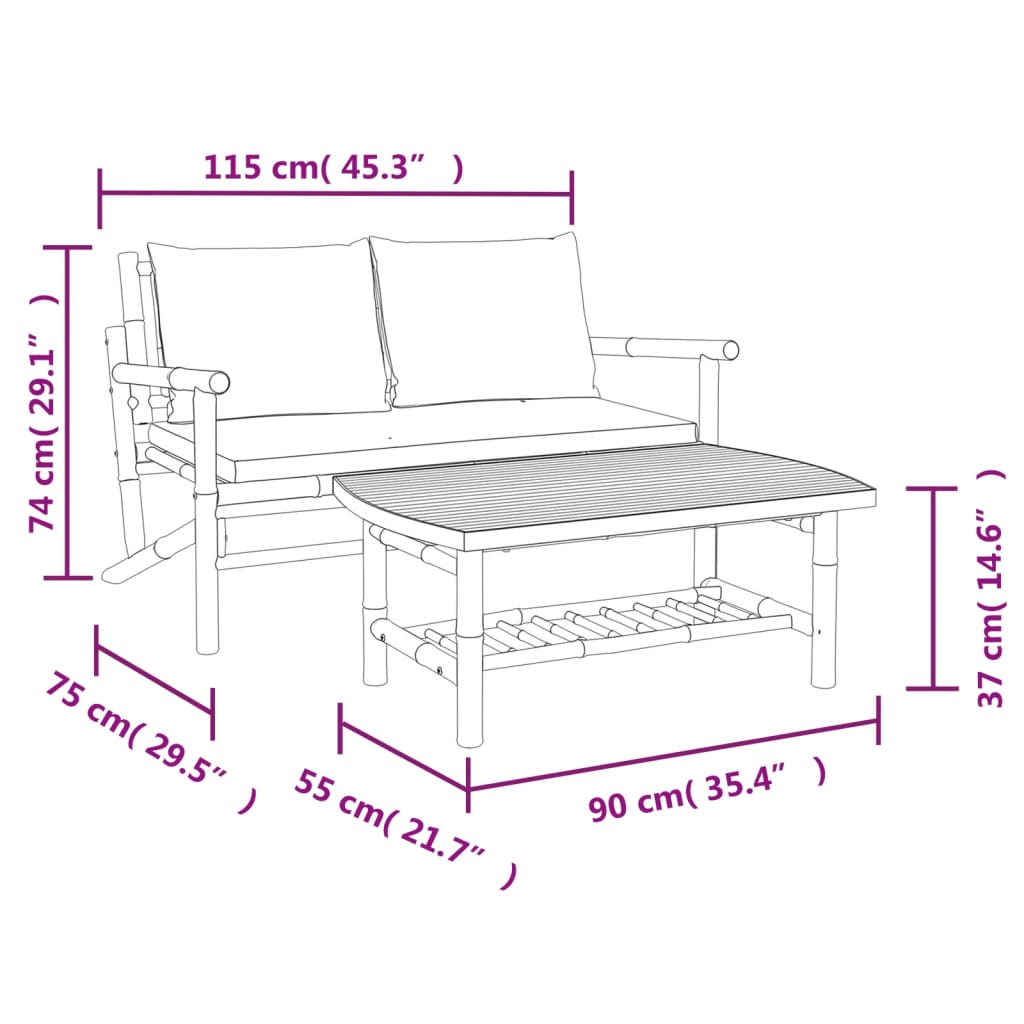 Set Salotto da Giardino 2pz con Cuscini Bianco Crema in Bambù - homemem39