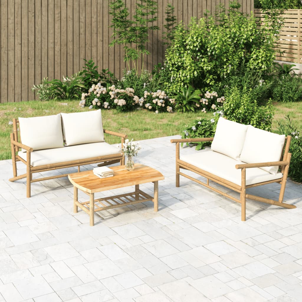 Set Salotto da Giardino 2pz con Cuscini Bianco Crema in Bambù - homemem39