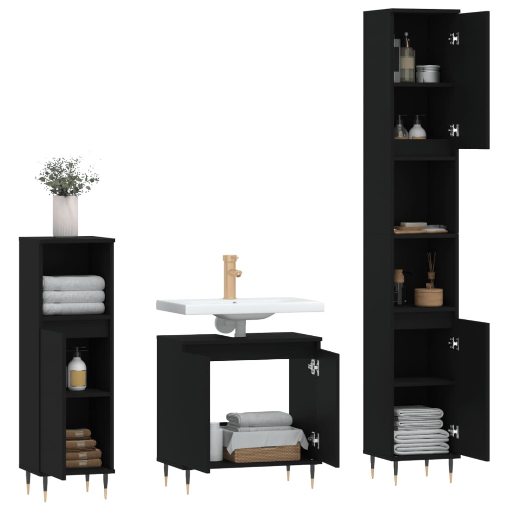 Set di Mobili da Bagno 3 pz Nero in Legno Multistrato - homemem39