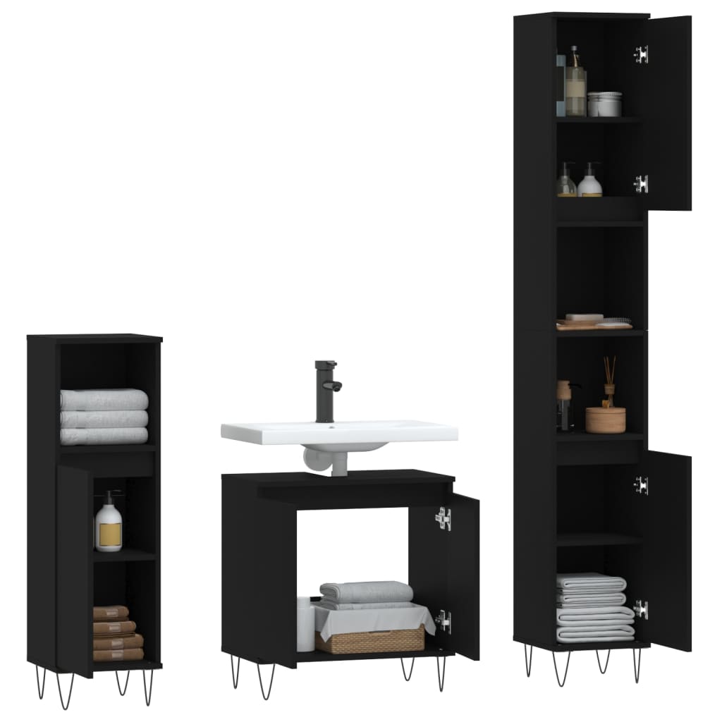 Set di Mobili da Bagno 3 pz Nero in Legno Multistrato - homemem39