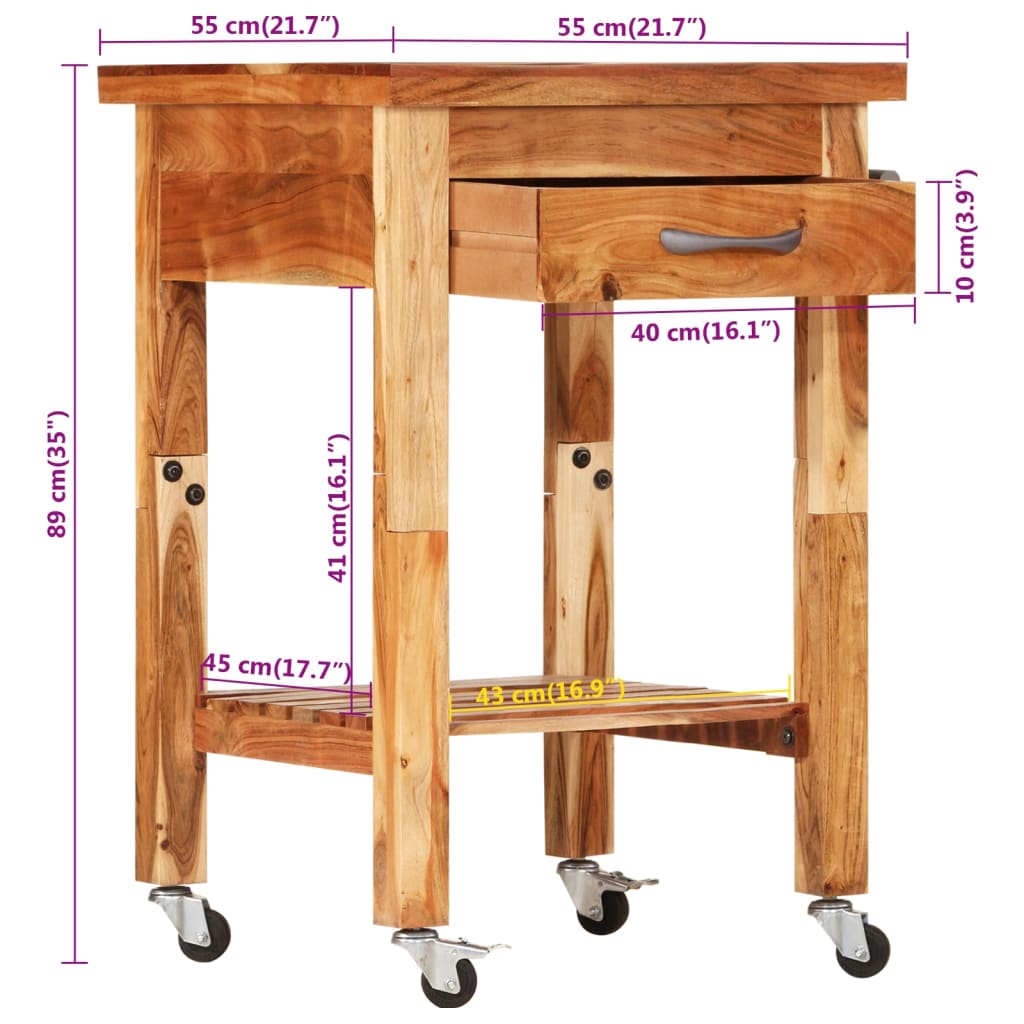 Carrello da Cucina 55x55x89 cm in Legno Massello di Acacia - homemem39