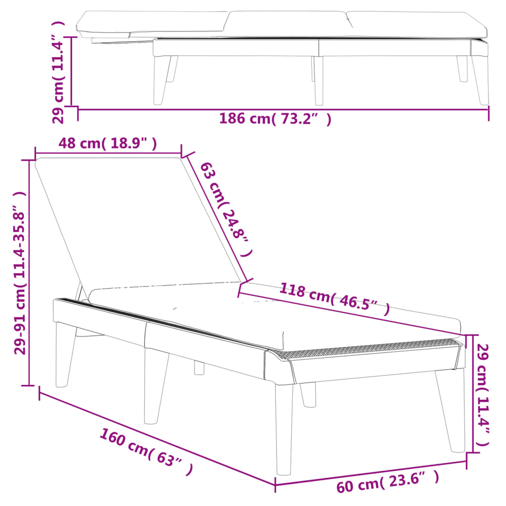 Lettino con Cuscino Antracite 186x60x29 cm in PP - homemem39