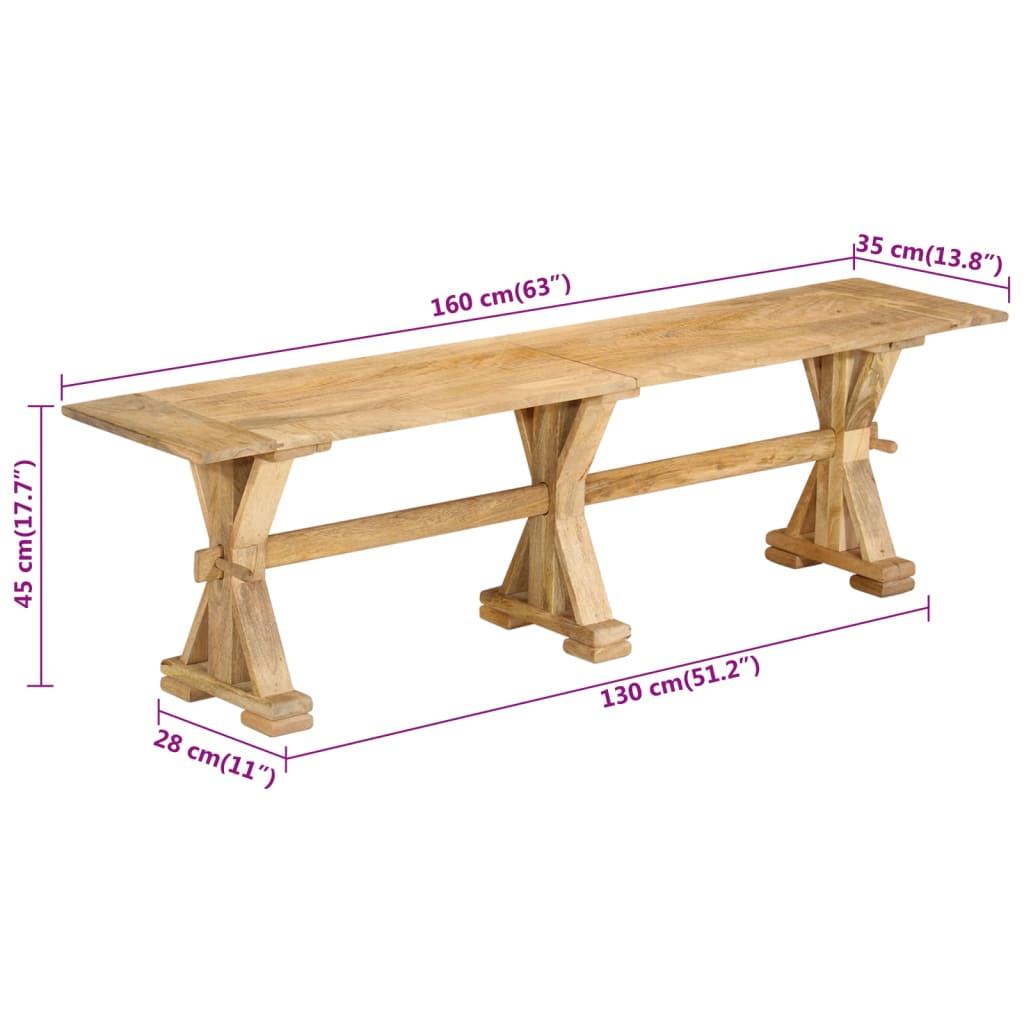 Panca 160x35x45 cm in Legno Massello di Mango - homemem39