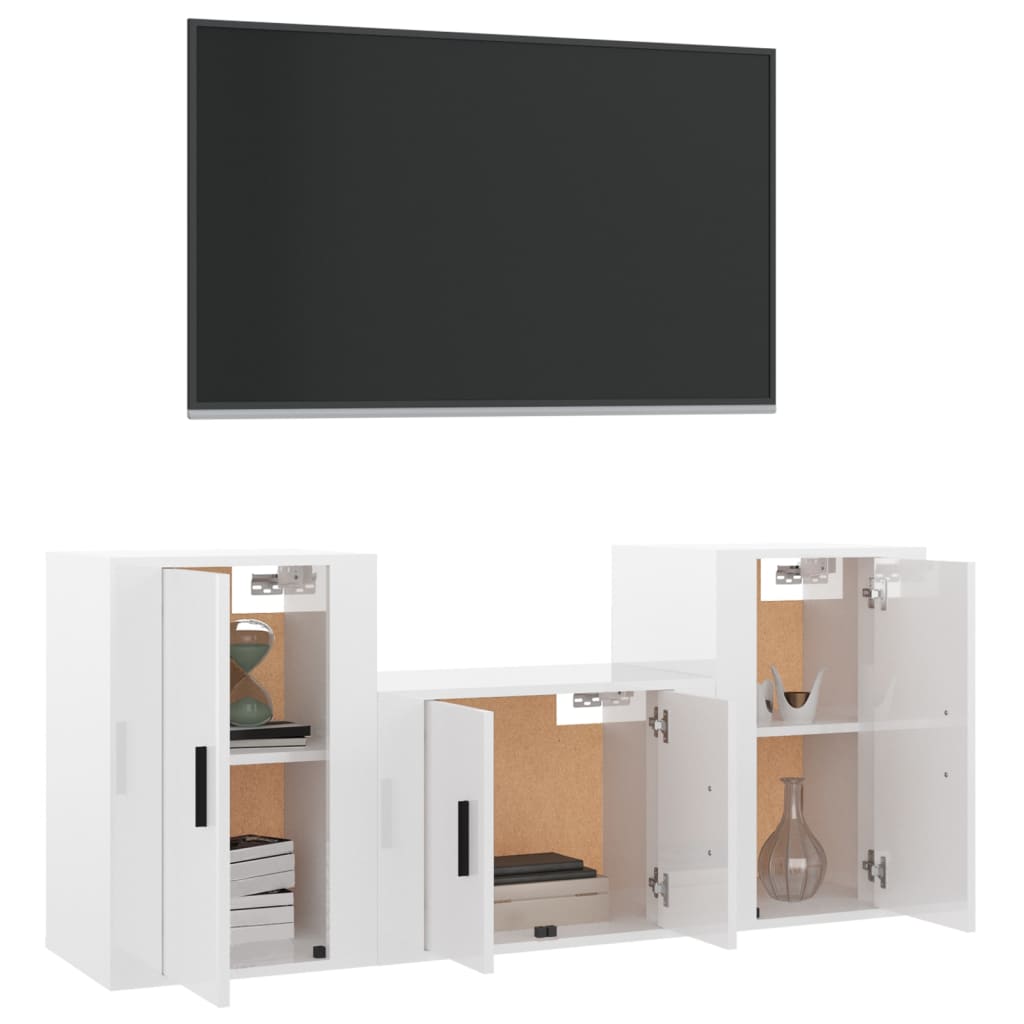 Set Mobili Porta TV 3 pz Bianco Lucido in Legno Multistrato - homemem39