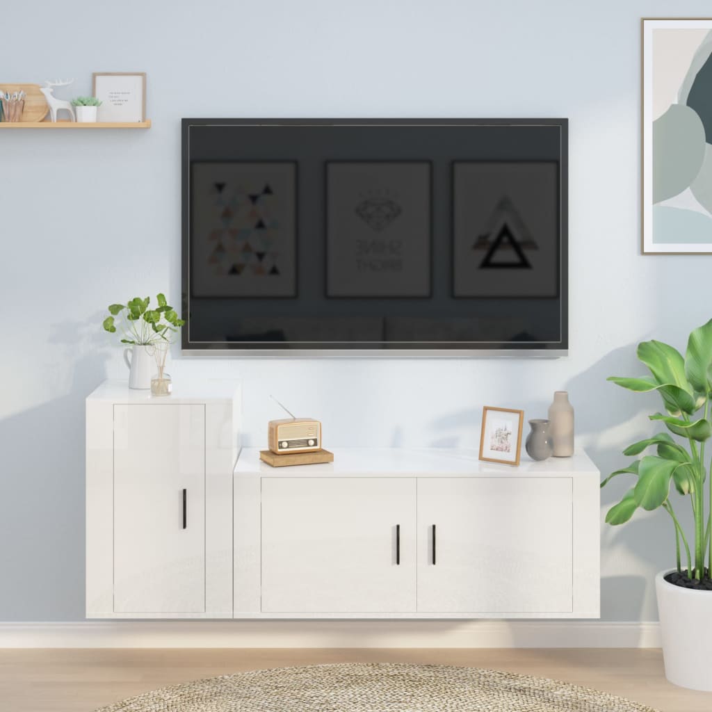 Set di Mobili Porta TV 2 pz Bianco Lucido in Legno Multistrato - homemem39