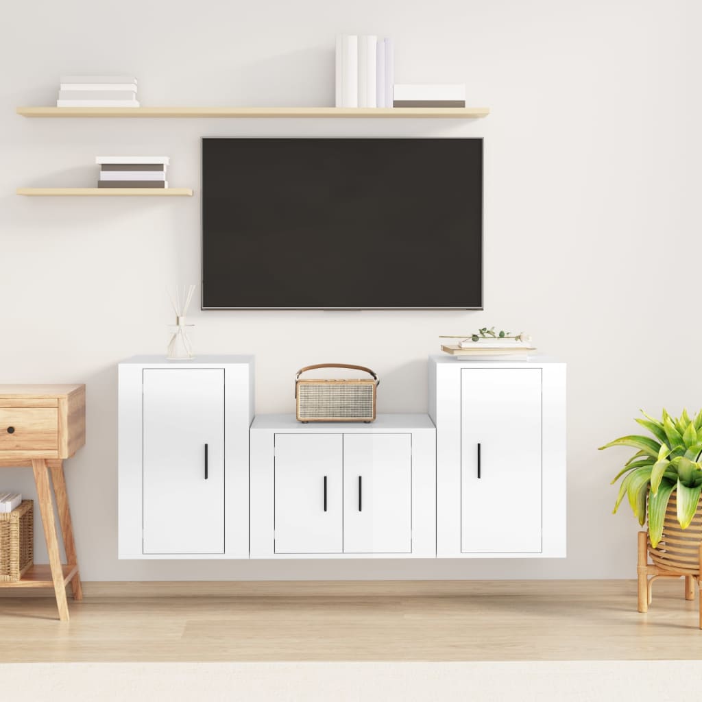 Set Mobili Porta TV 3 pz Bianco Lucido in Legno Multistrato - homemem39