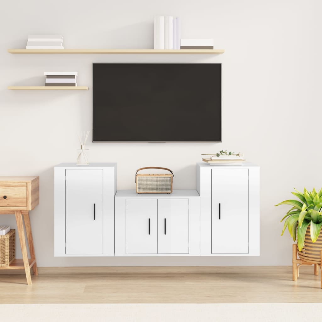 Set Mobili Porta TV 3 pz Bianco Lucido in Legno Multistrato - homemem39