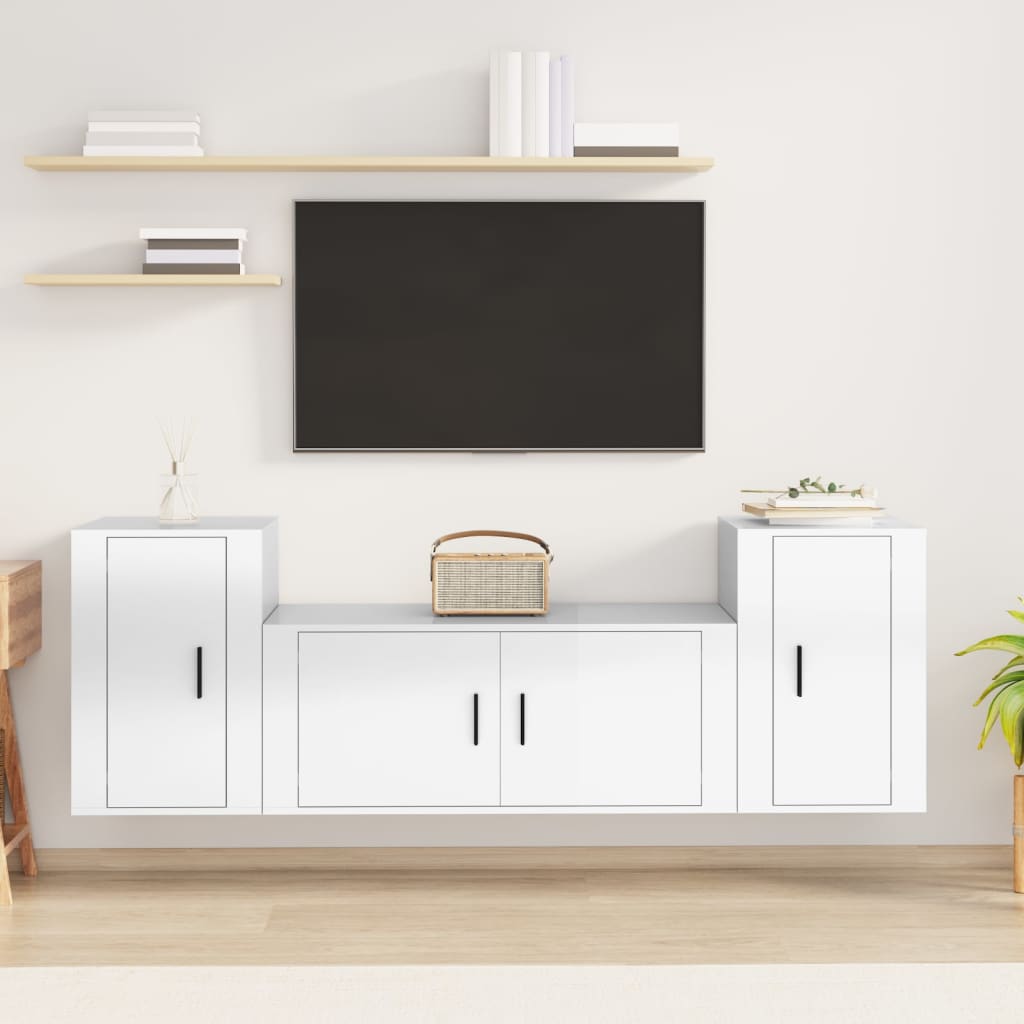 Set Mobili Porta TV 3 pz Bianco Lucido in Legno Multistrato - homemem39