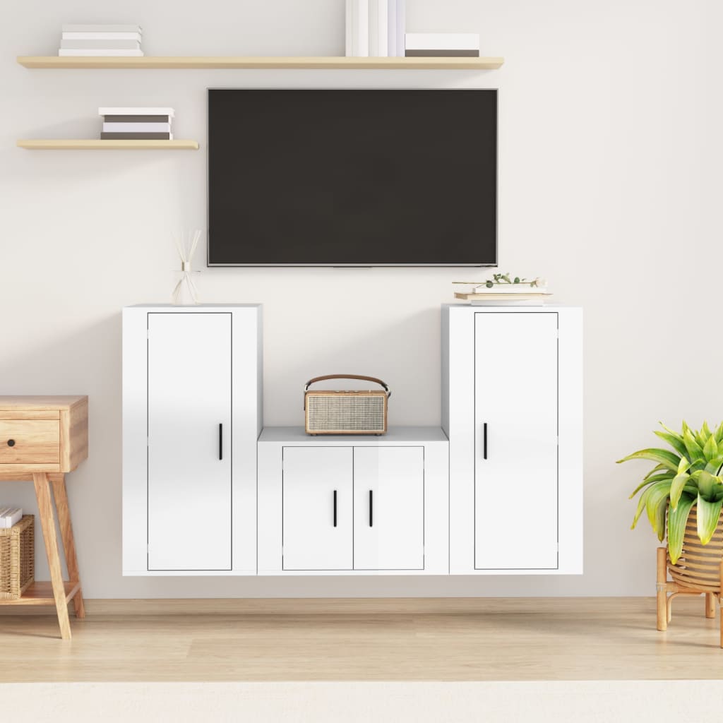 Set Mobili Porta TV 3 pz Bianco Lucido in Legno Multistrato - homemem39