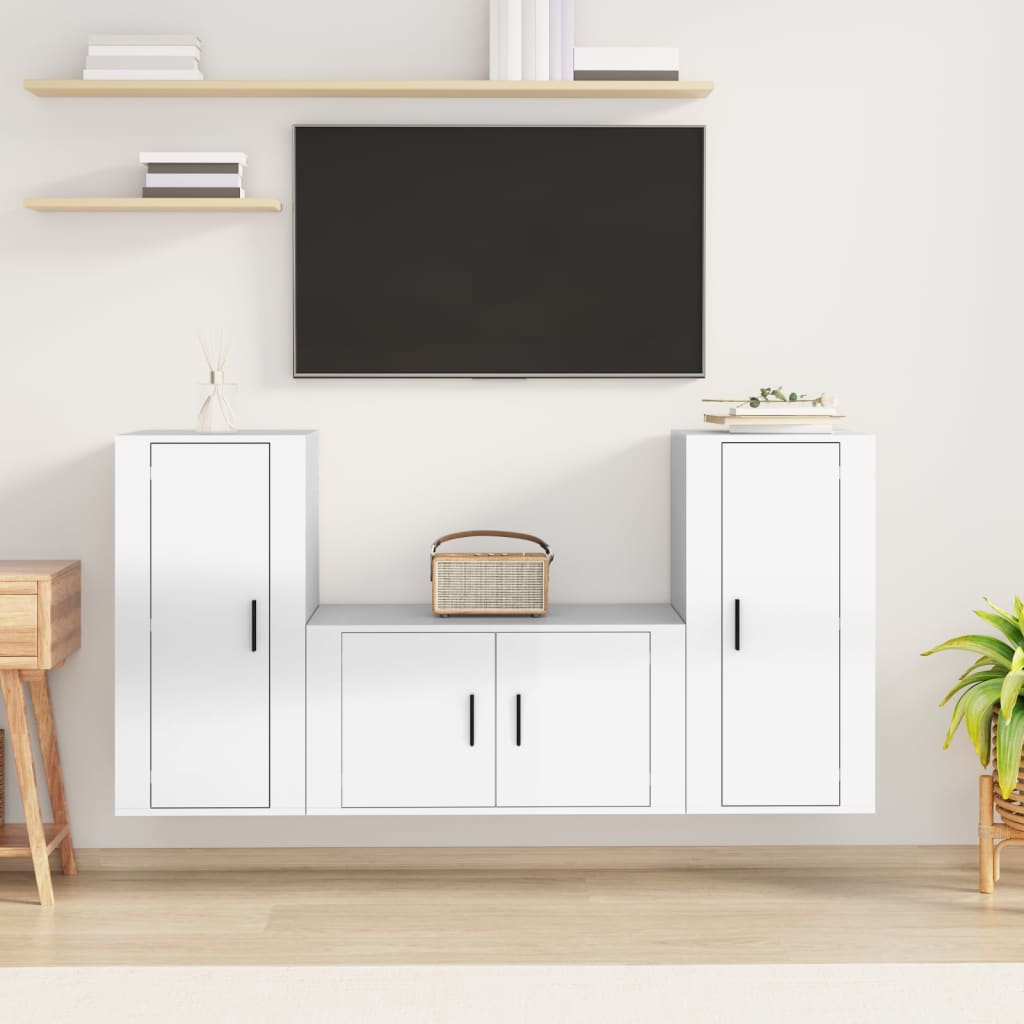 Set Mobili Porta TV 3 pz Bianco Lucido in Legno Multistrato - homemem39