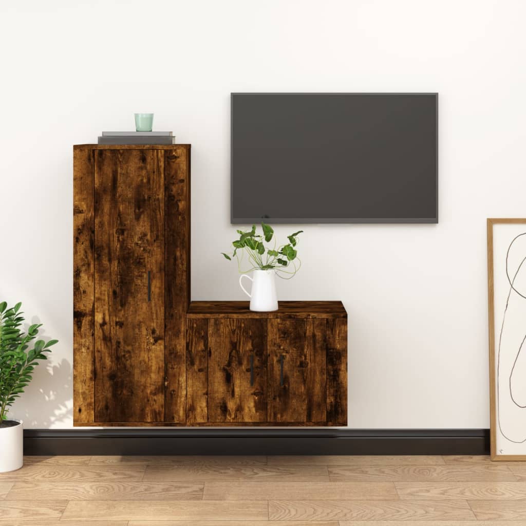 Set Mobili Porta TV 2 pz Rovere Fumo in Legno Multistrato - homemem39