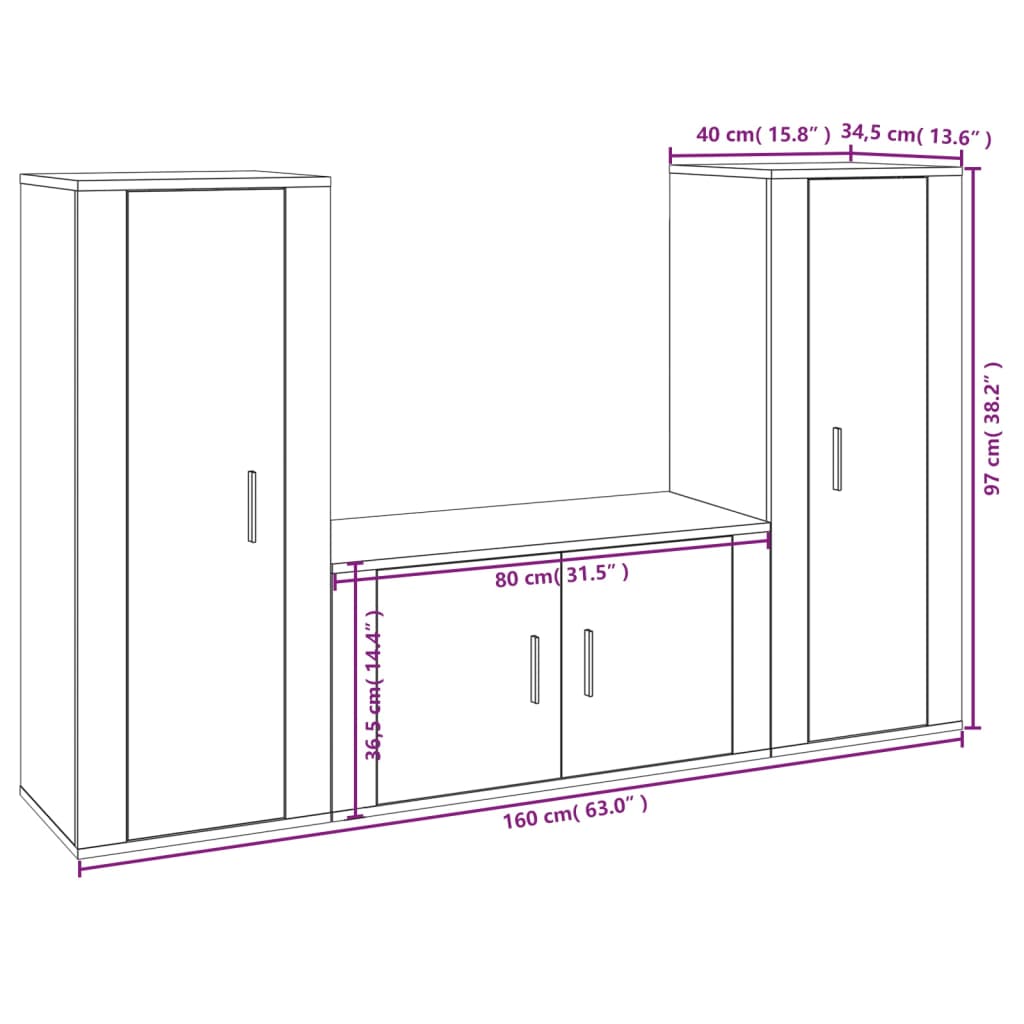 Set di Mobili Porta TV 3 pz Rovere Sonoma in Legno Multistrato - homemem39