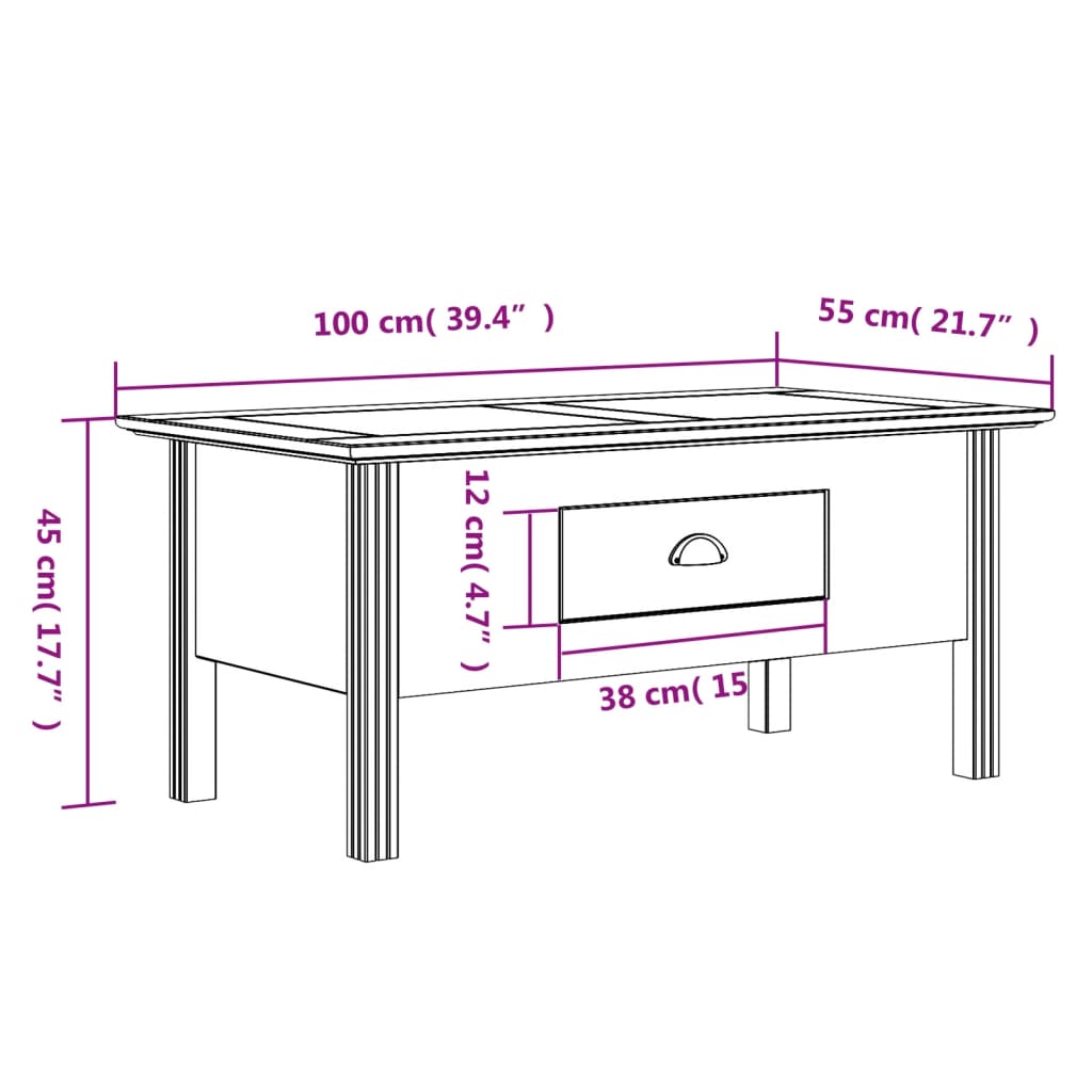 Tavolino BODO 100x55x45 cm Legno Massello Pino Bianco e Marrone - homemem39