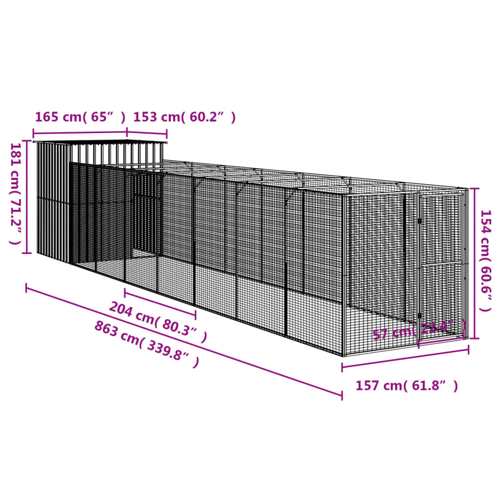 Casetta Cani con Corsa Antracite 165x863x181 cm Acciaio Zincato - homemem39