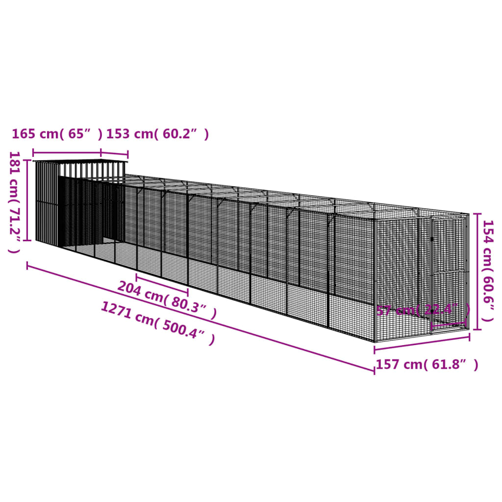 Casetta Cani con Corsa Antracite 165x1271x181cm Acciaio Zincato - homemem39