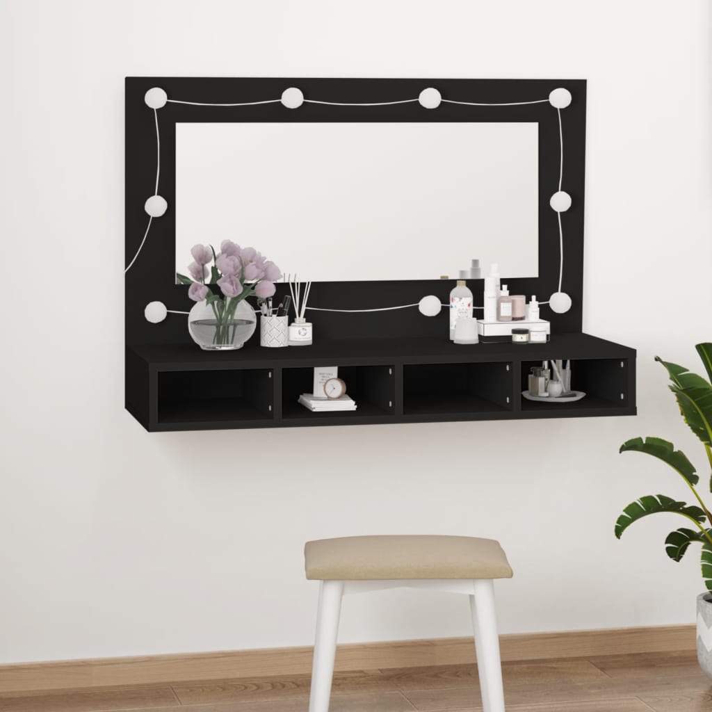 Mobile a Specchio con LED Nero 90x31,5x62 cm - homemem39