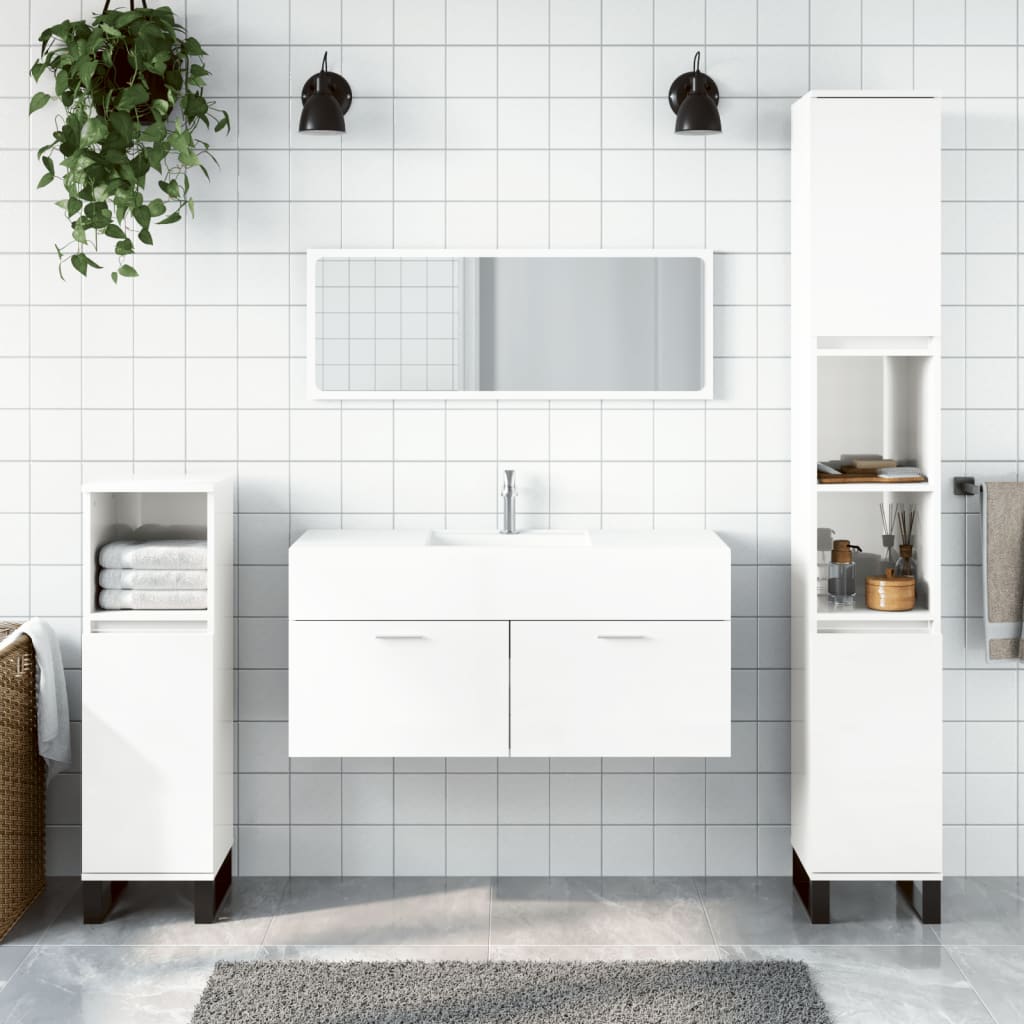 Mobile da Bagno con Specchio Bianco Lucido in Legno Multistrato - homemem39