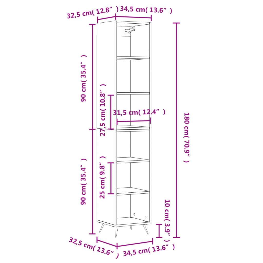 Credenza 34,5x32,5x180 cm in Legno Multistrato Bianco Lucido - homemem39