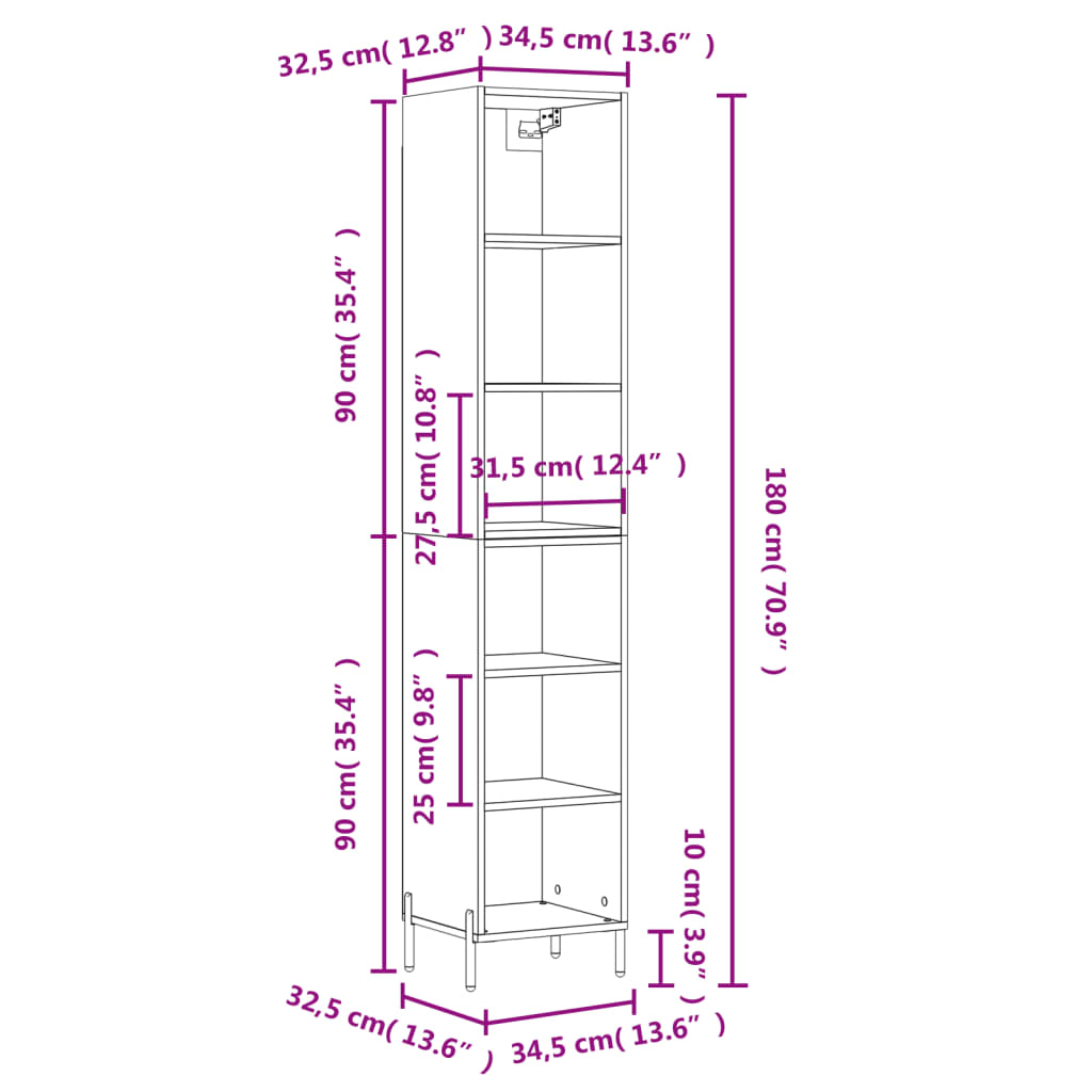 Credenza 34,5x32,5x180 cm in Legno Multistrato Bianco Lucido - homemem39