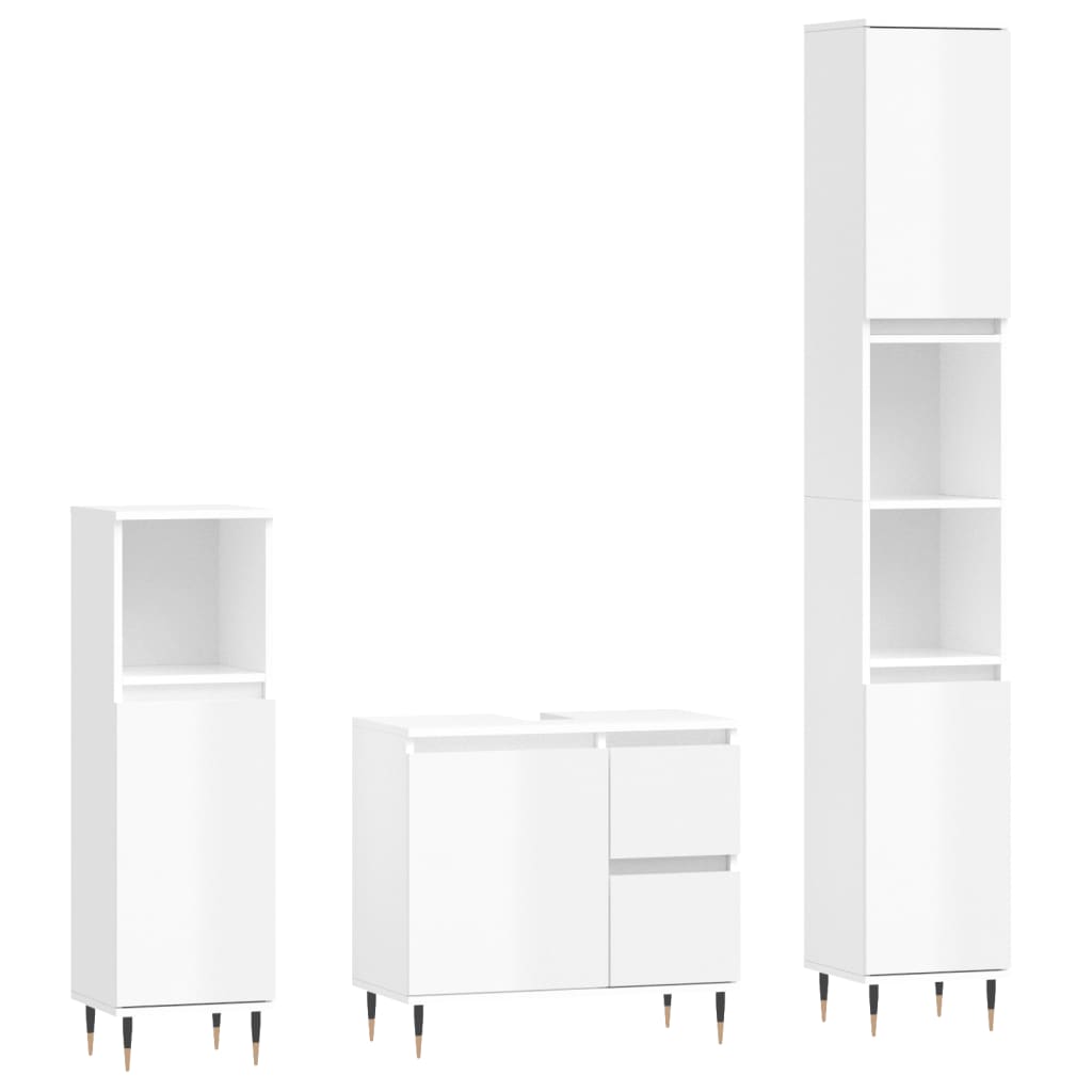 Set Mobili da Bagno 3 pz Bianco Lucido in Legno Multistrato - homemem39