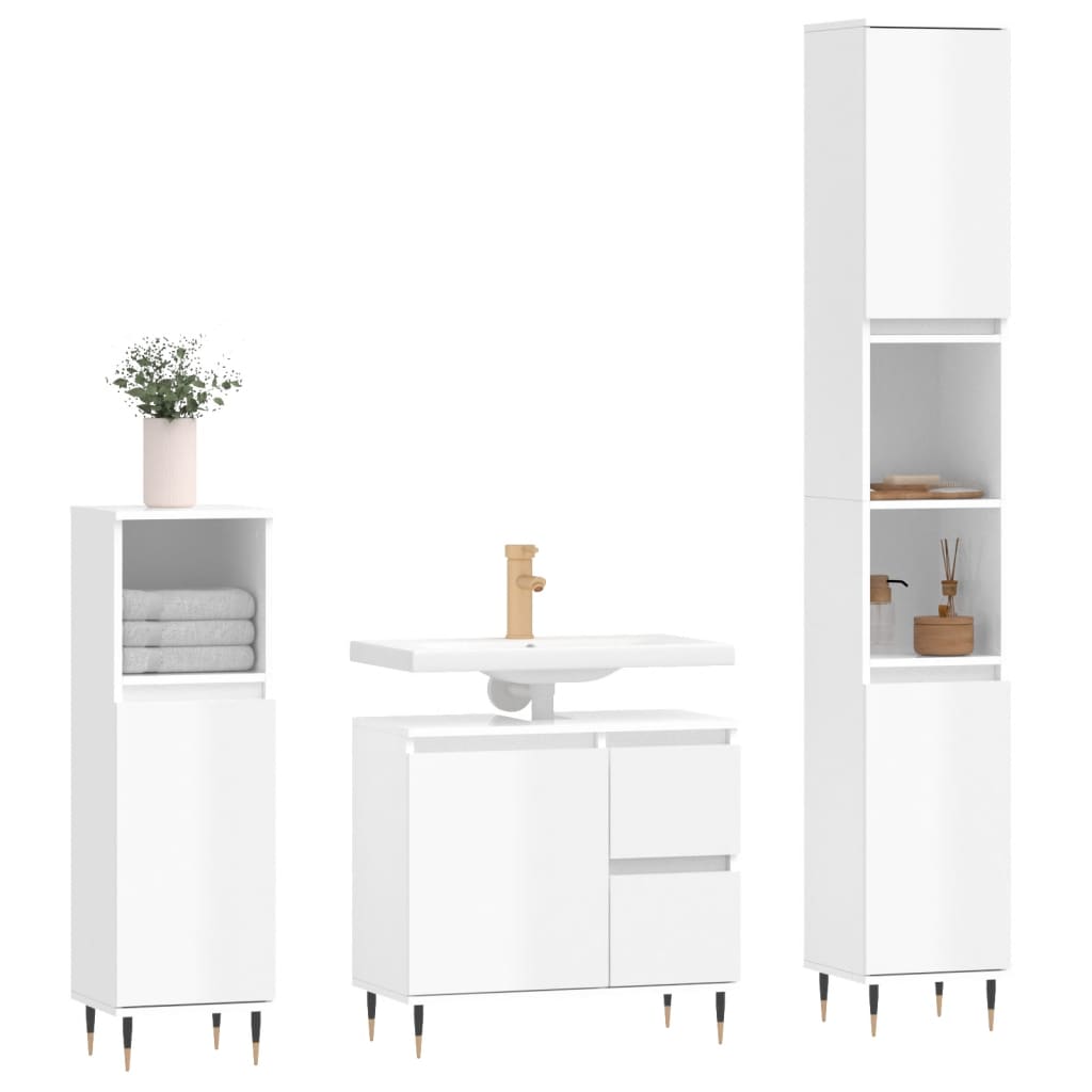 Set Mobili da Bagno 3 pz Bianco Lucido in Legno Multistrato - homemem39