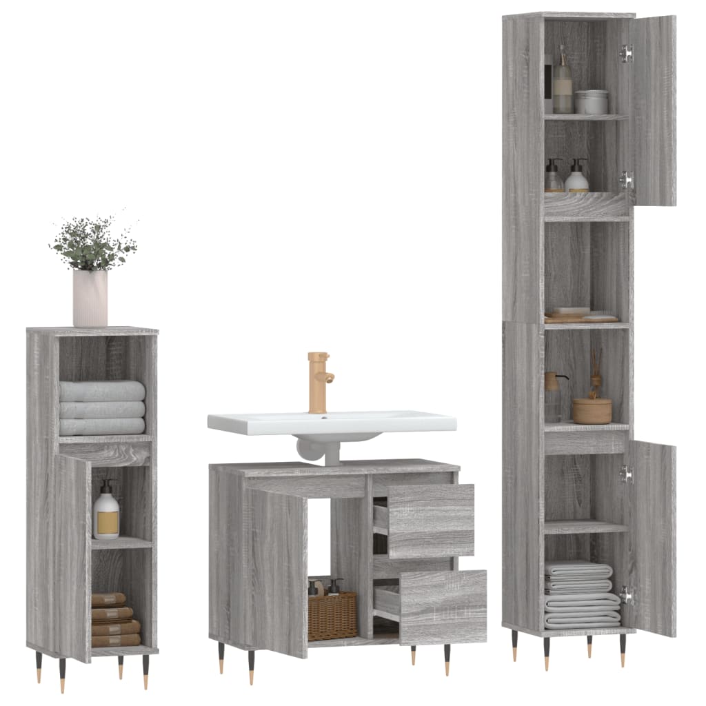 Set Mobili da Bagno 3 pz Grigio Sonoma in Legno Multistrato - homemem39