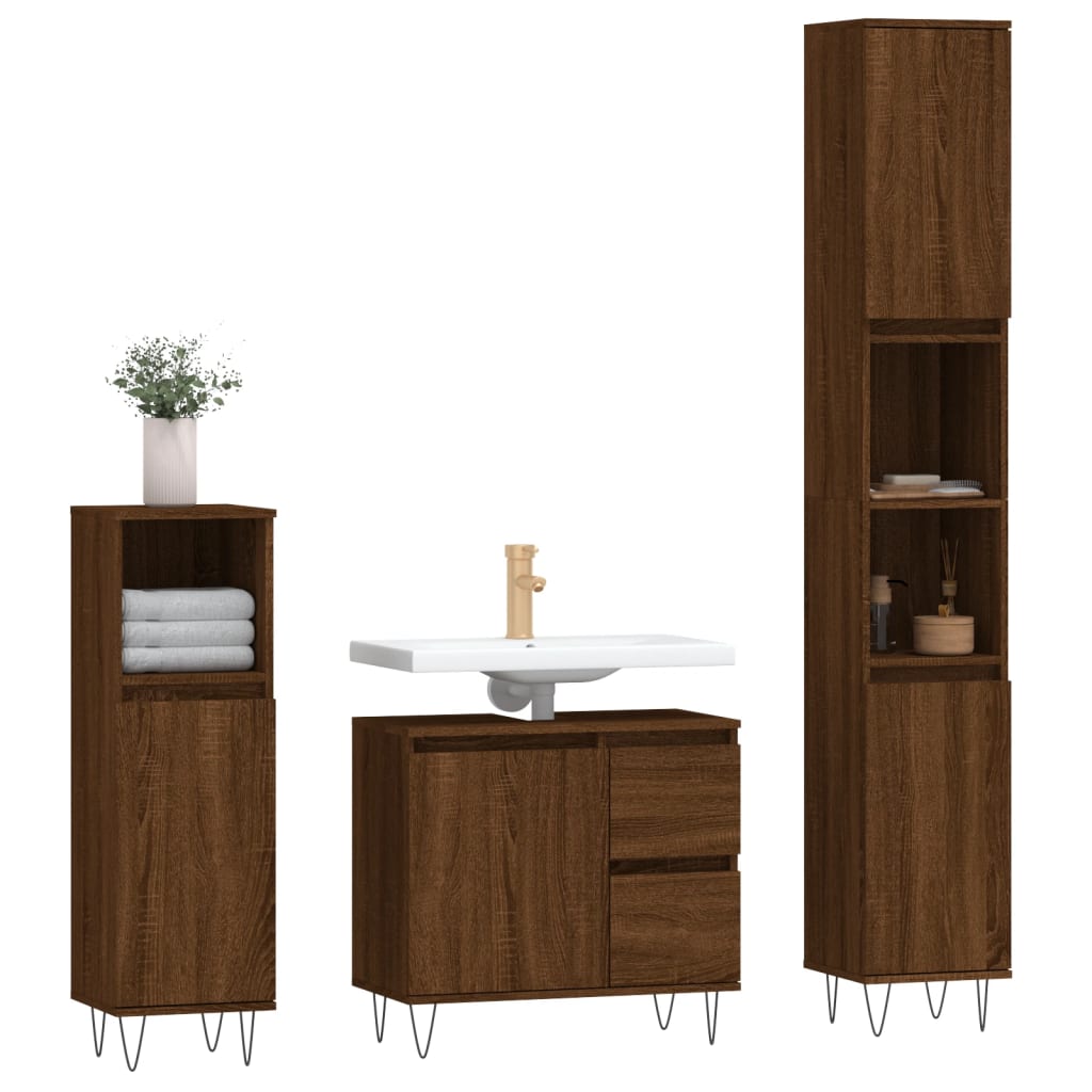 Set Mobili da Bagno 3 pz Rovere Marrone in Legno Multistrato - homemem39