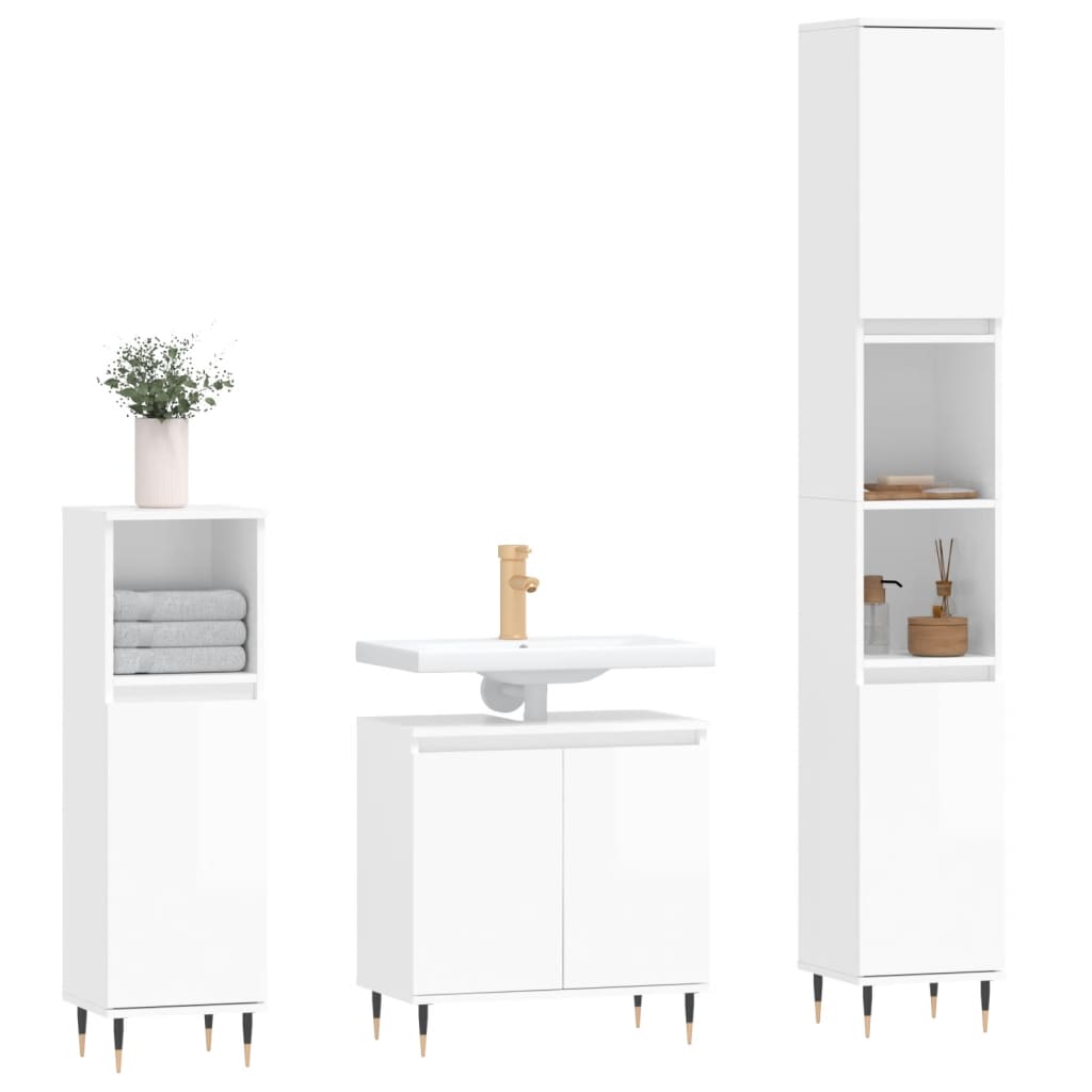 Set Mobili da Bagno 3 pz Bianco Lucido in Legno Multistrato - homemem39