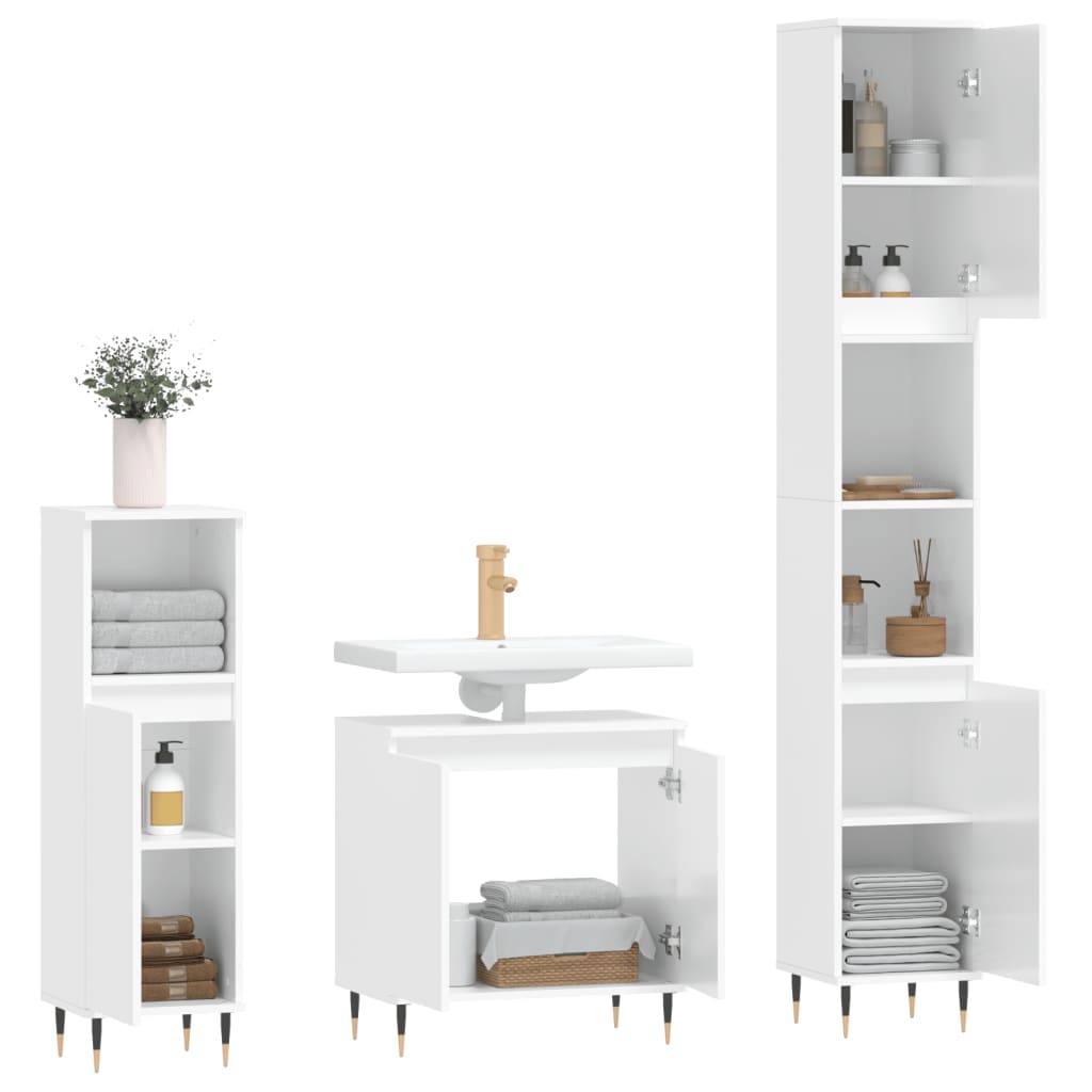 Set Mobili da Bagno 3 pz Bianco Lucido in Legno Multistrato - homemem39