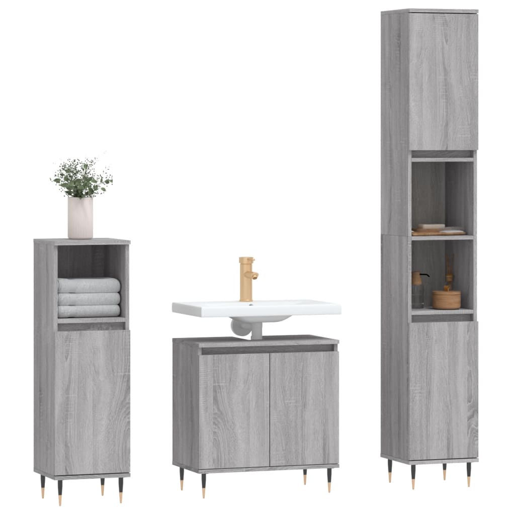 Set Mobili da Bagno 3 pz Grigio Sonoma in Legno Multistrato - homemem39