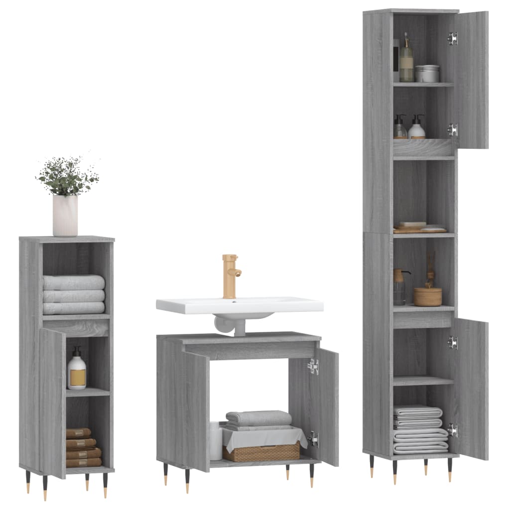 Set Mobili da Bagno 3 pz Grigio Sonoma in Legno Multistrato - homemem39