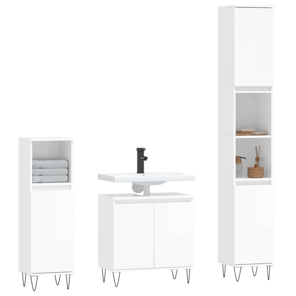 Set Mobili da Bagno 3 pz Bianco Lucido in Legno Multistrato - homemem39