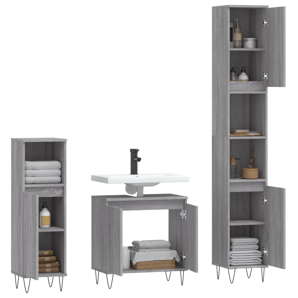 Set Mobili da Bagno 3 pz Grigio Sonoma in Legno Multistrato - homemem39