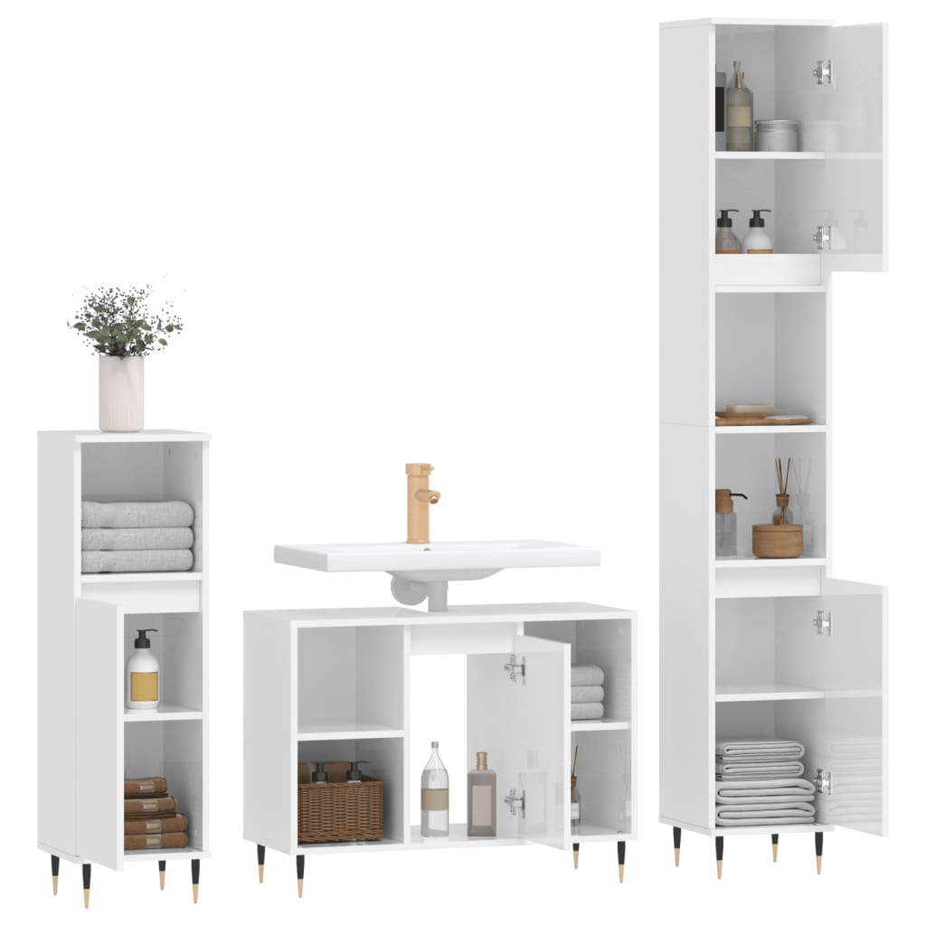 Set Mobili da Bagno 3 pz Bianco Lucido in Legno Multistrato - homemem39