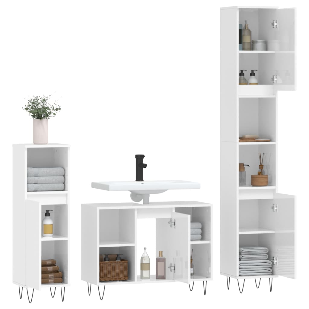 Set Mobili da Bagno 3 pz Bianco Lucido in Legno Multistrato - homemem39