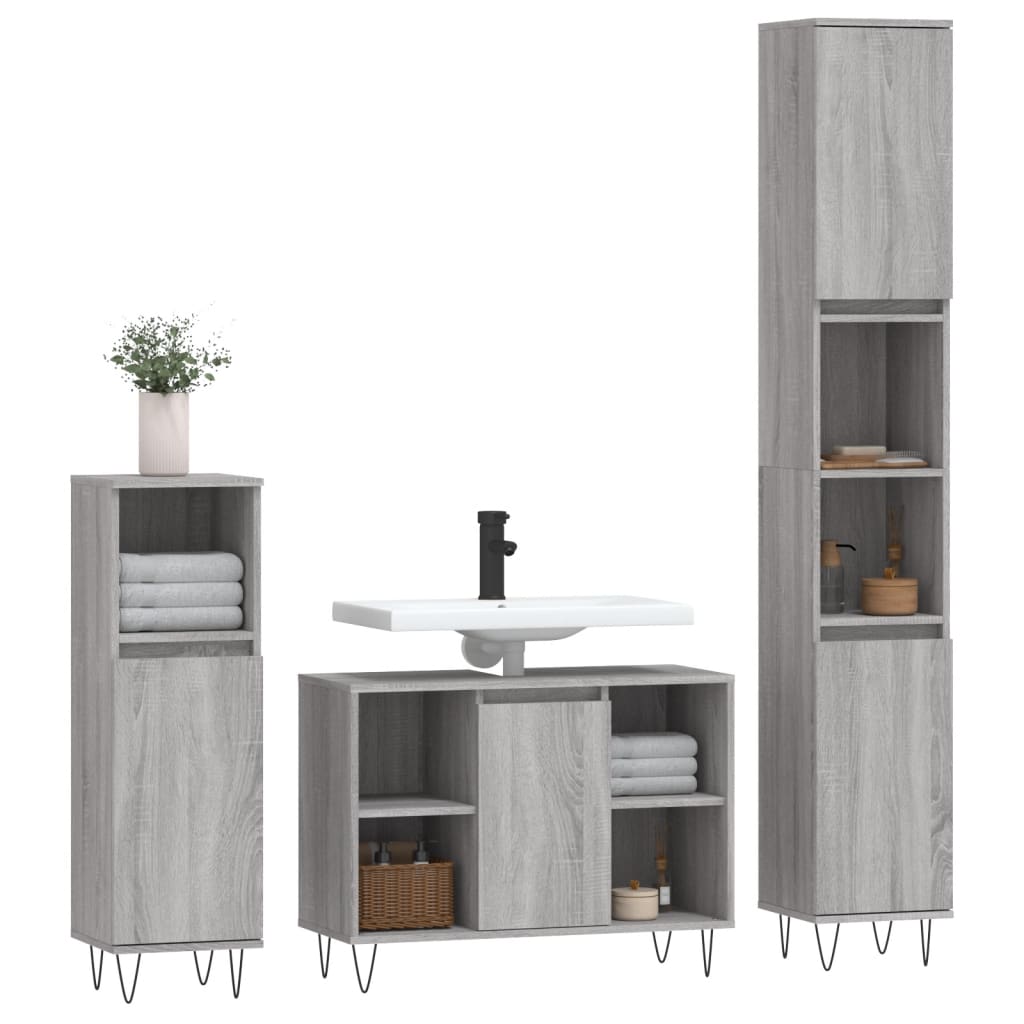 Set Mobili da Bagno 3 pz Grigio Sonoma in Legno Multistrato - homemem39