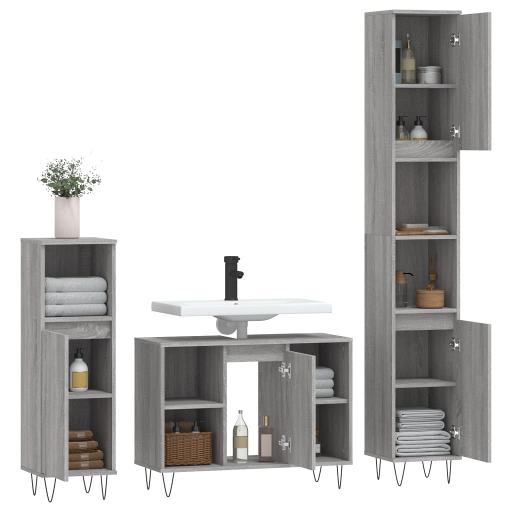 Set Mobili da Bagno 3 pz Grigio Sonoma in Legno Multistrato - homemem39