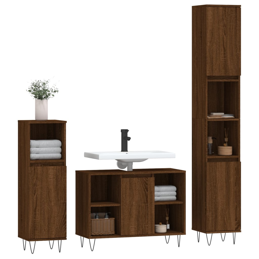 Set Mobili da Bagno 3 pz Rovere Marrone in Legno Multistrato - homemem39