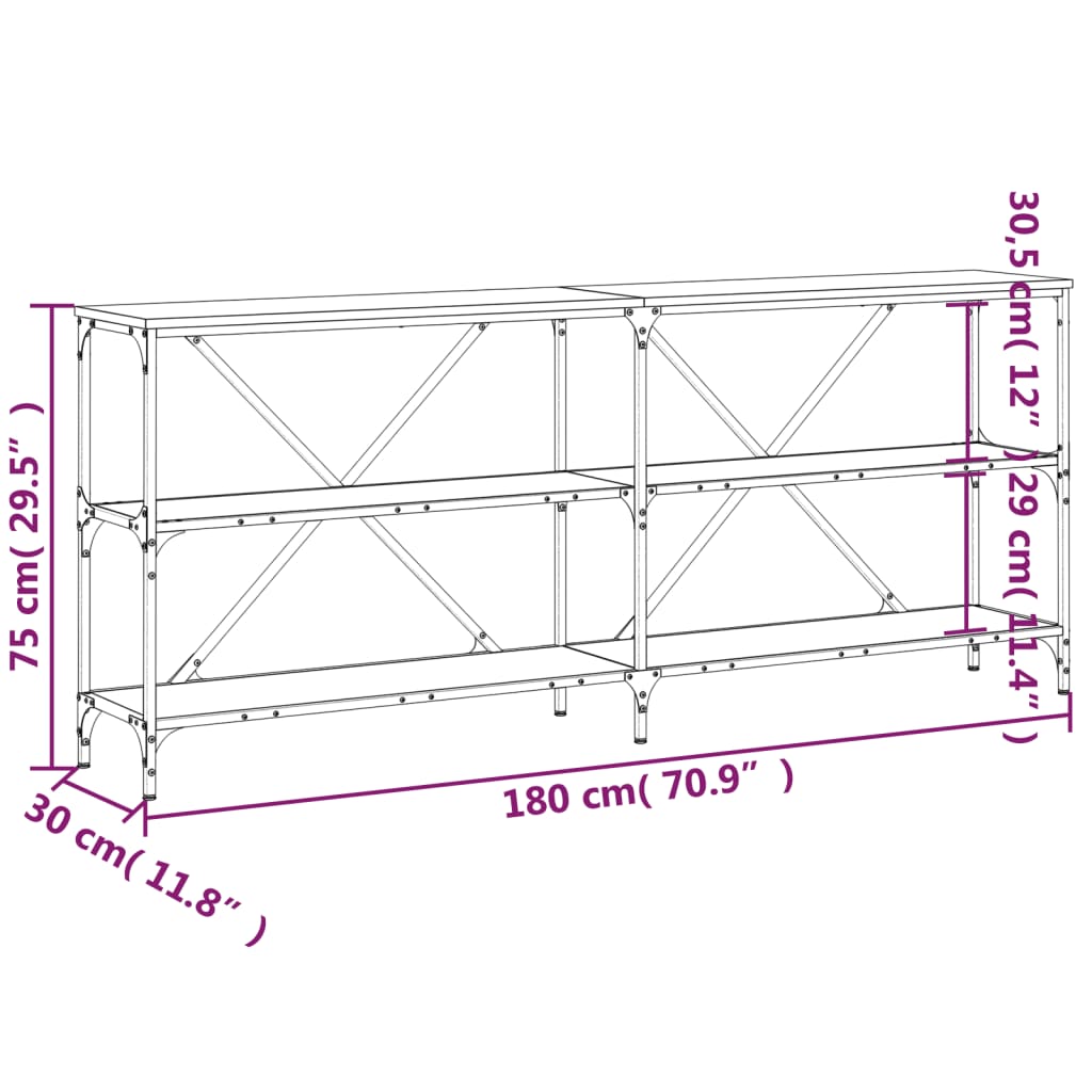 Tavolino Grigio Sonoma 180x30x75cm in Legno Multistrato e Ferro - homemem39