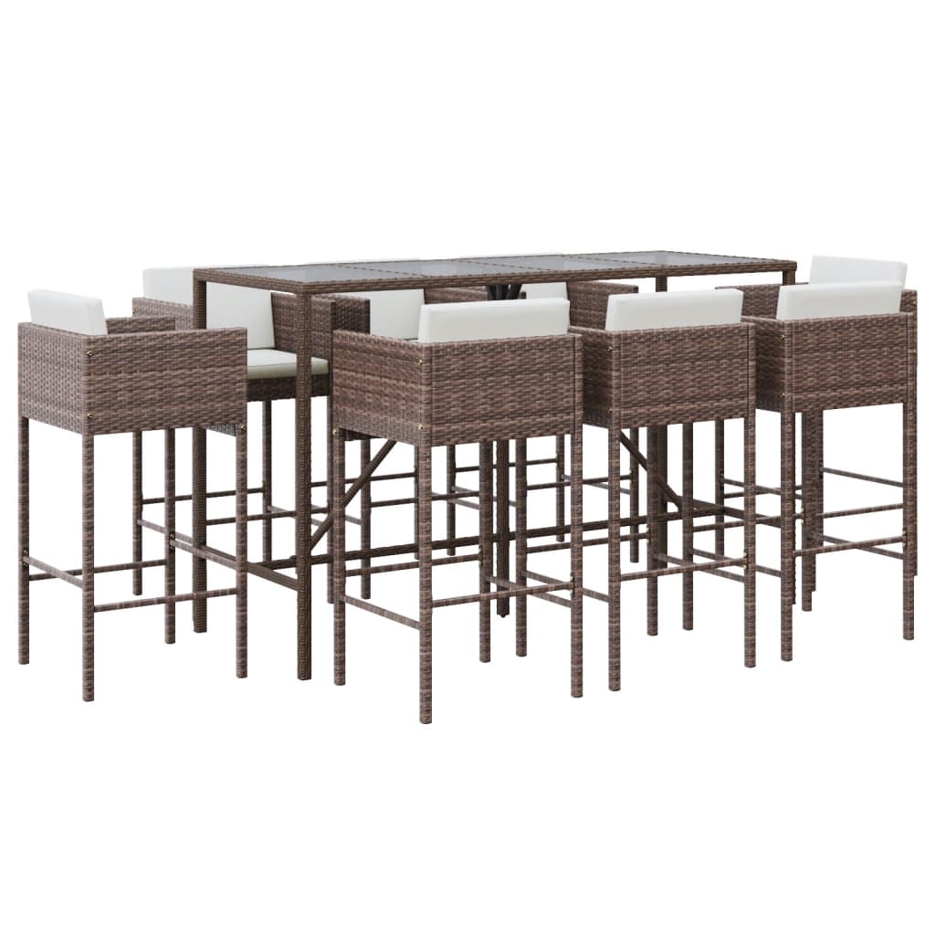 Set Bar da Giardino 9 pz con Cuscini in Polyrattan Marrone - homemem39