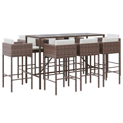 Set Bar da Giardino 9 pz con Cuscini in Polyrattan Marrone - homemem39