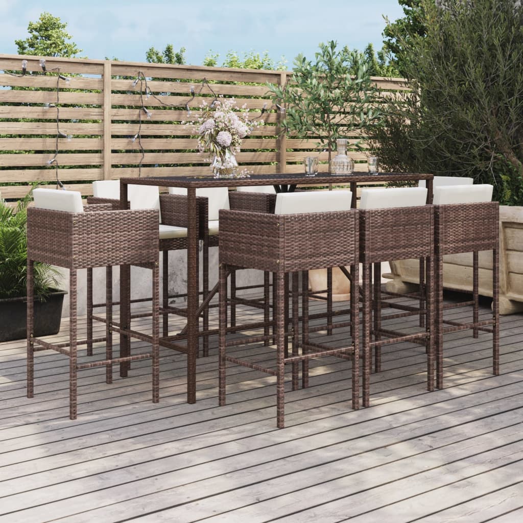 Set Bar da Giardino 9 pz con Cuscini in Polyrattan Marrone - homemem39