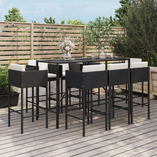 Set Bar da Giardino 9 pz con Cuscini in Polyrattan Nero - homemem39