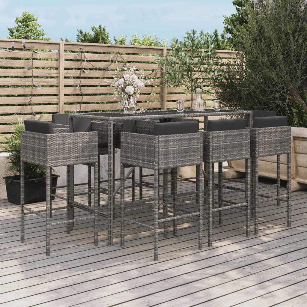 Set Bar da Giardino 9 pz con Cuscini in Polyrattan Grigio - homemem39