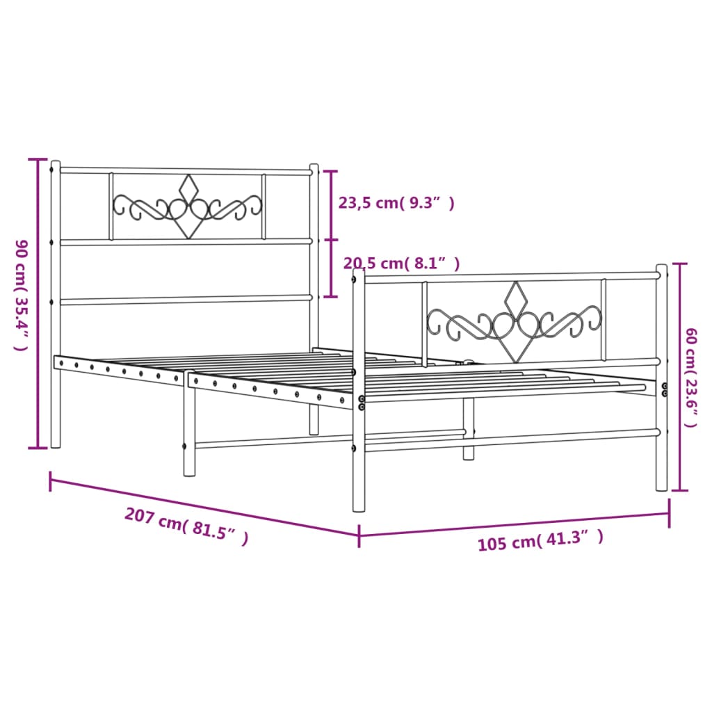 Giroletto con Testiera e Pediera Metallo Nero 100x200 cm - homemem39