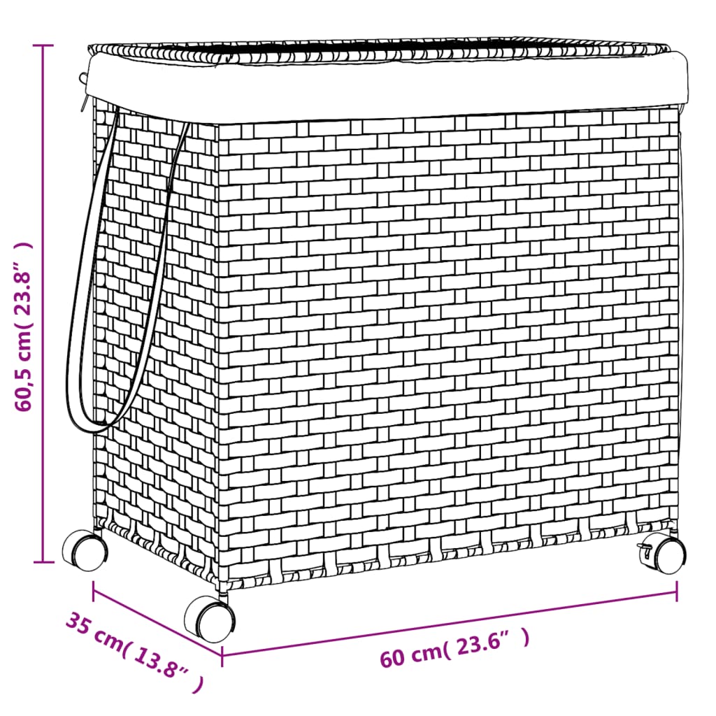 Cesto Portabiancheria Ruote Marrone Scuro 60x35x60,5 cm Rattan - homemem39