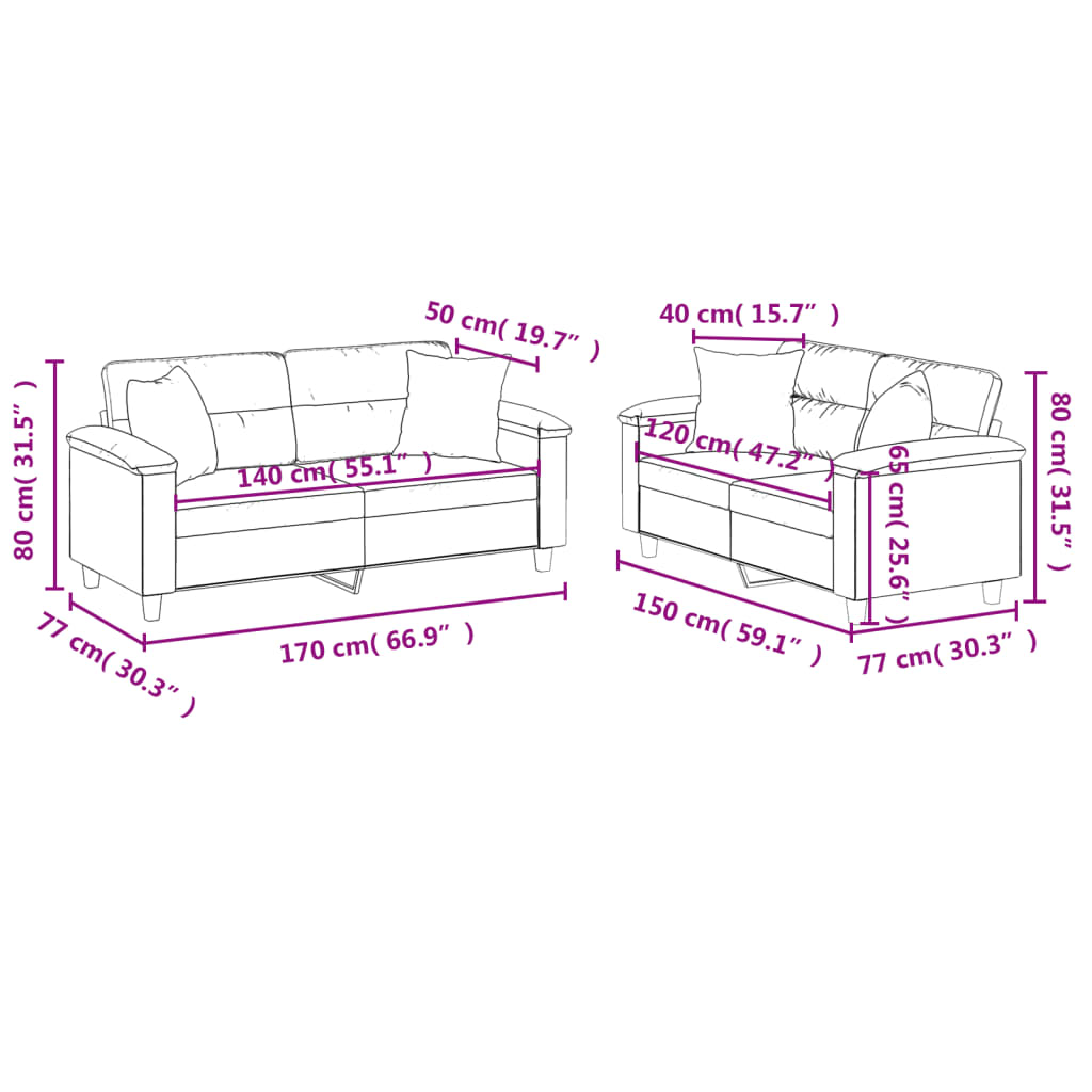 Set Divani 2 pz con Cuscini Grigio Chiaro in Tessuto Microfibra - homemem39